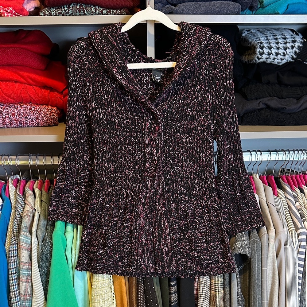 BCBGMaxazria purple/black 3/4 sleeve 2 button closure hooded cardigan size S